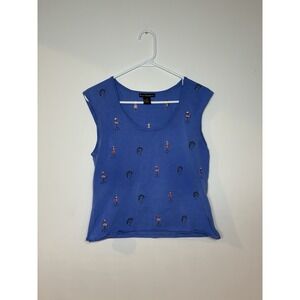Erin Matthews Size M Royal Blue Embroidered Decorative Sleeveless Tank